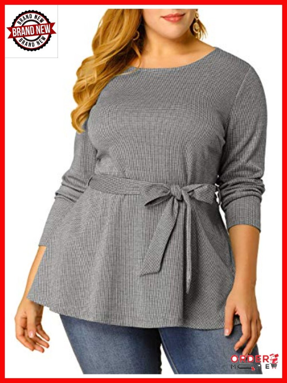 Plus Size Peplum Blouse Belted Tie Houndstooth Long Sleeve Tunic Work Top